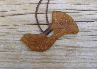 Antique pressed glass carved piwaka/fantail pendant $64 AMBER Colours available: amber, purple, red, mid green, turquoise blue, clear, pale blue