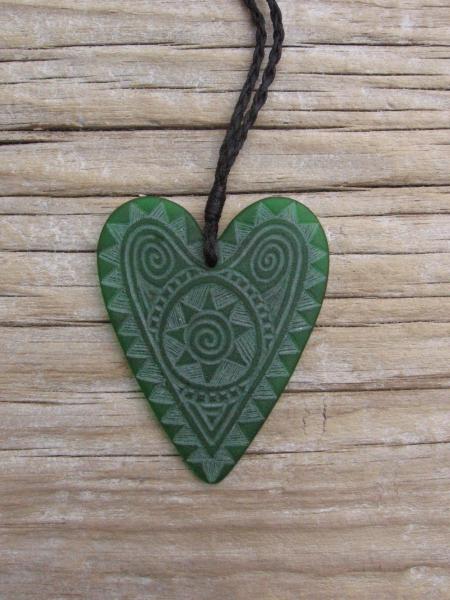 Engraved glass heart pendant on adjustable cord $88 DARK GREEN Colours available - amber, orange, light red, dark red, pale green, lime green, mid-green, dark green, moss green, aqua green, turquoise blue, sapphire blue, teal blue, cobalt/dark blue, pale lavender, purple