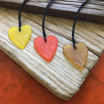 Glass heart pendant - engraved glass, koru and lancewood/horoeka design
