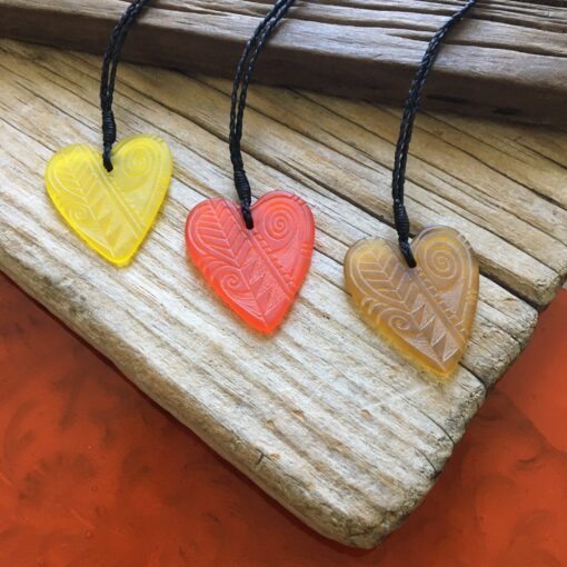 Glass heart pendant - engraved glass, koru and lancewood/horoeka design