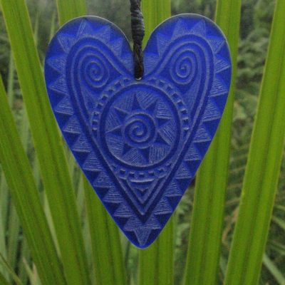 Glass heart pendant - engraved glass koru/spiral and raa/sun design
