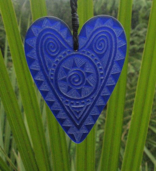 Glass heart pendant - engraved glass koru/spiral and raa/sun design