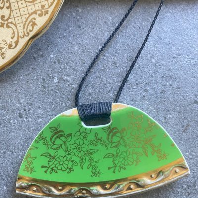 Recycled ceramic semi circle pendant - gold filagree on vibrant green $64