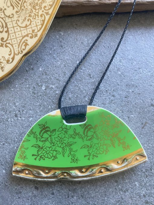 Recycled ceramic semi circle pendant - gold filagree on vibrant green $64