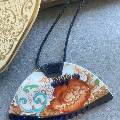 Recycled ceramic semi circle pendant -historic hand painted china $64