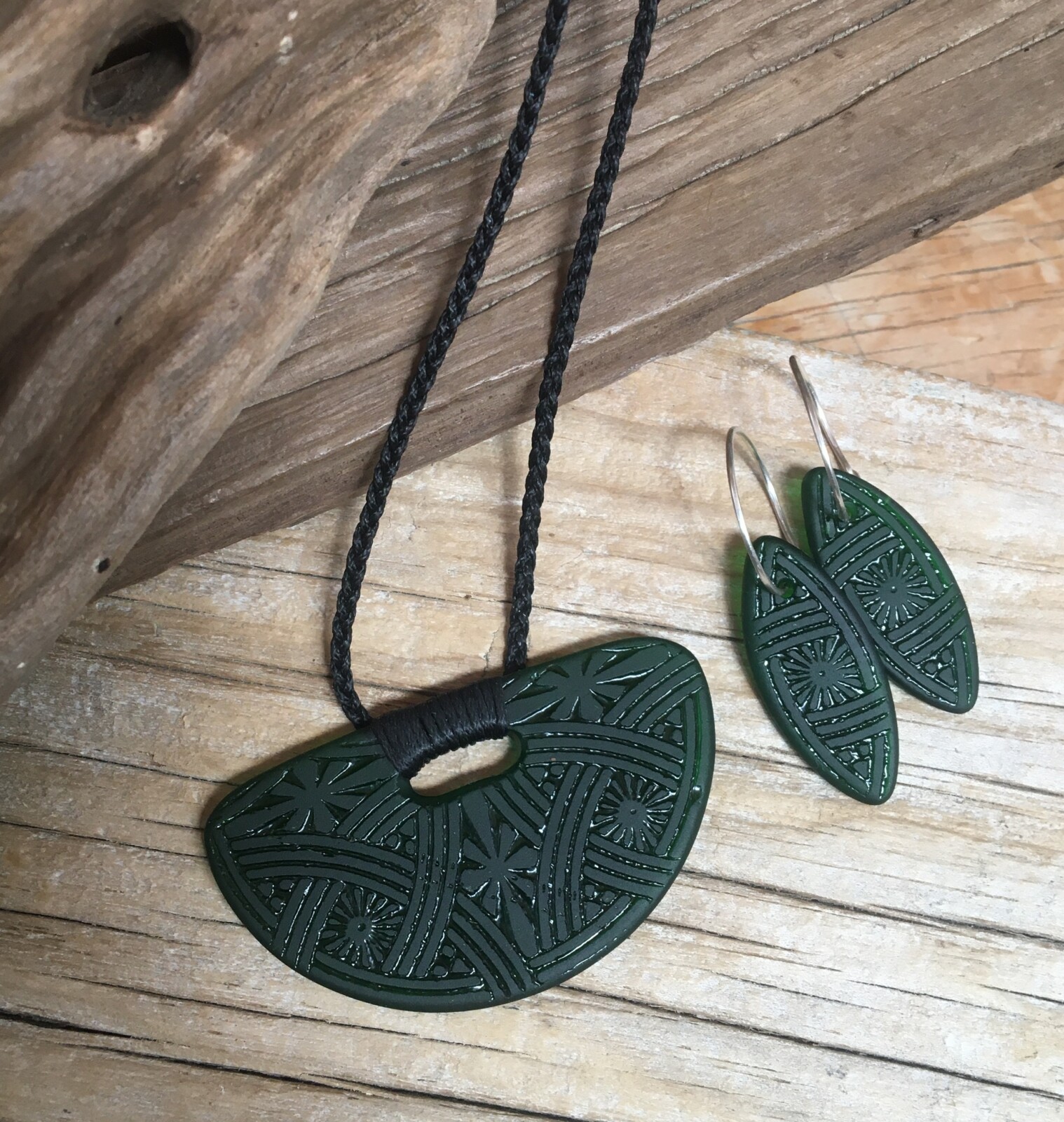 Pressed-glass-semi-circle-pendant-CELTIC, DARK GREEN