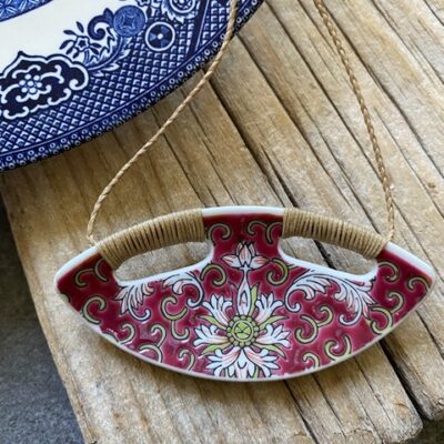 Recycled ceramic semi circle pendant - Pink Chinese Flora