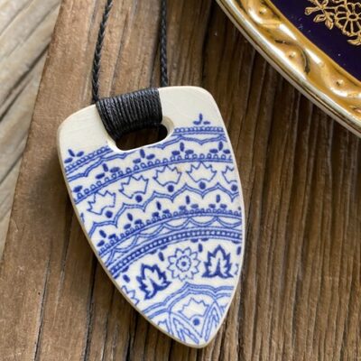 Recycled ceramic shield shape pendant - Crown Lynn 'Regal Blue'