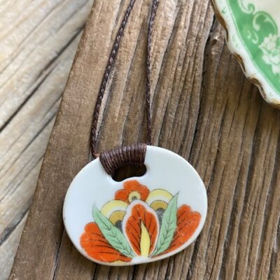 Recycled ceramic round pendant - Orange Flora