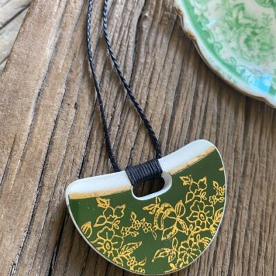 Recycled ceramic semi circle pendant - Weatherby Hanley English china - gold filagree on dark green