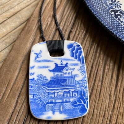 Recycled ceramic rectangle pendant - Temple and Dove